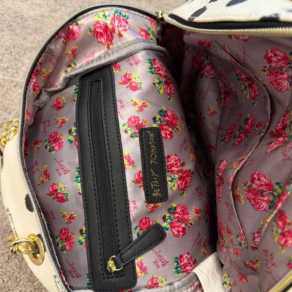 Betsey Johnson Panda Print Mini Backpack White Black Gold Chain Handle Floral